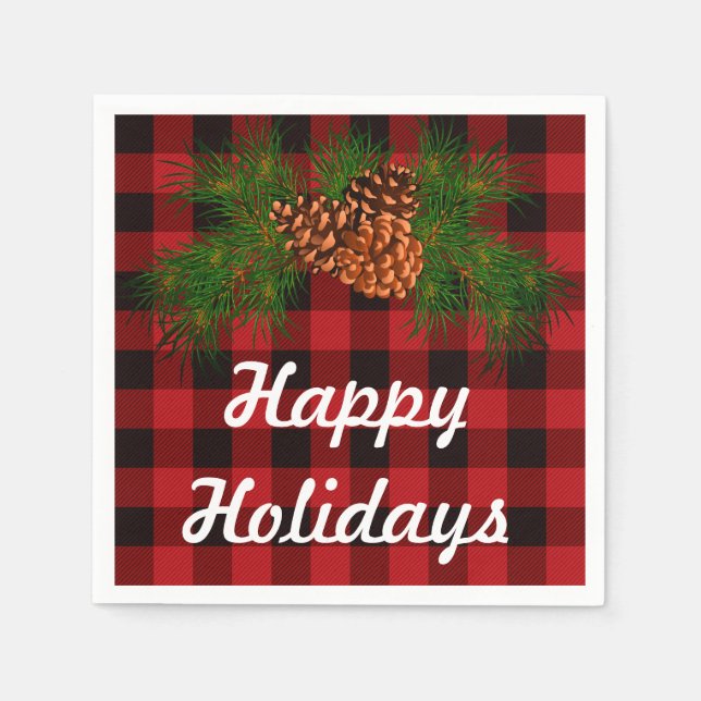Happy Holiday,  red tartan, pine-cone detail Paper Napkins (Front)