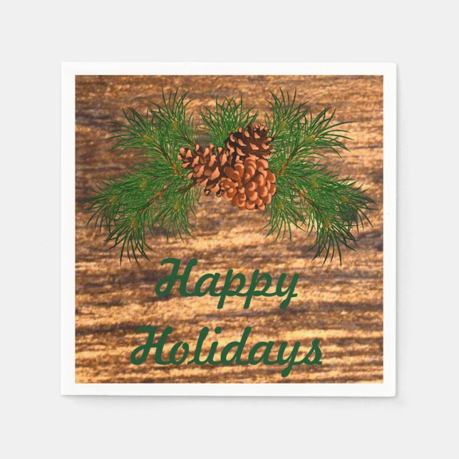 Happy Holiday - rustic pine-cone detail Napkins (Front)