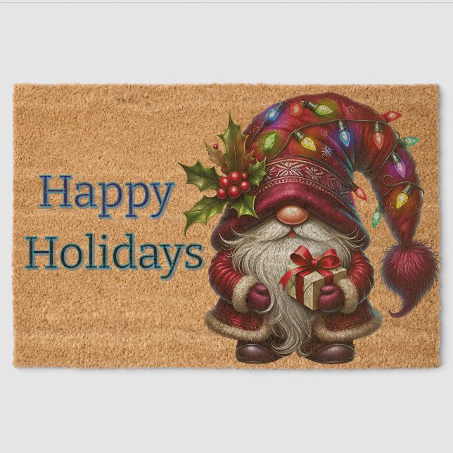Happy Holiday Santa Gnome Fiber Doormat (Front)