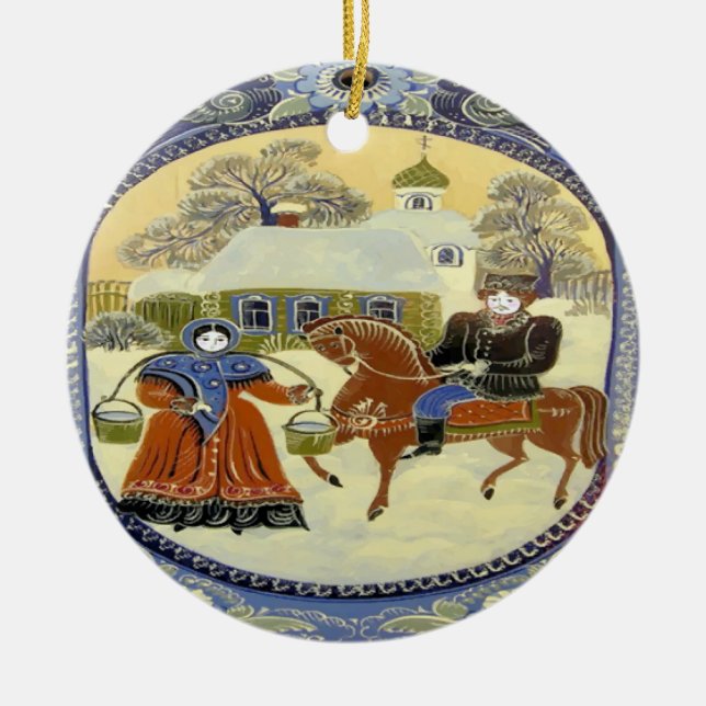 Happy Holiday, Scandinavia Church Ceramic Ornament (Front)