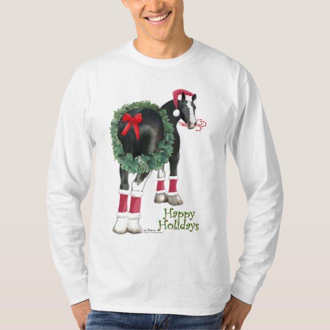 Happy Holiday Shire Draft Horse Wreath T-Shirt (Front)