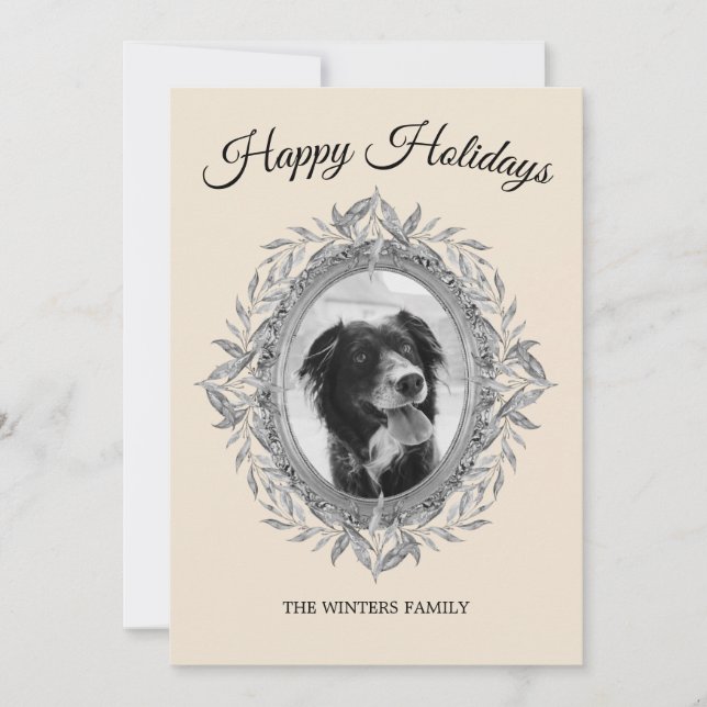 Happy Holiday Silver Gray Leaves Wreath Photo Card (Front)