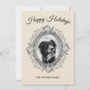 Happy Holiday Silver Gray Leaves Wreath Photo Card