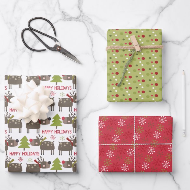 Happy Holiday snowflakes cute reindeer Christmas Wrapping Paper Sheets (Front)
