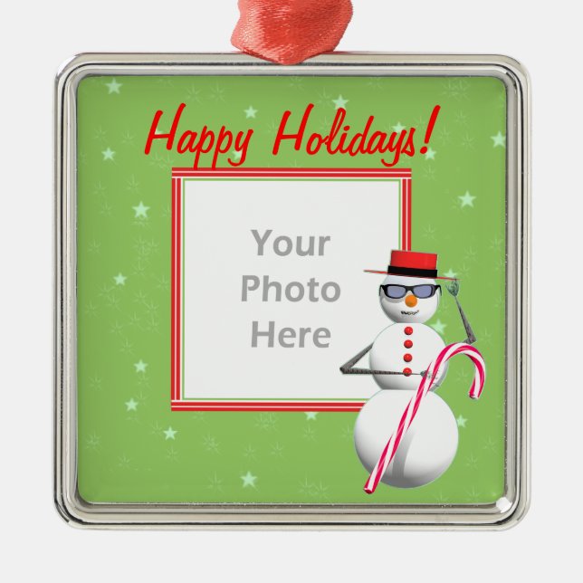 Happy Holiday Snowman (photo frame) Metal Ornament (Front)