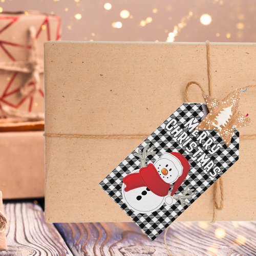 Happy Holiday Snowman Red and Black Country Plaid Gift Tags