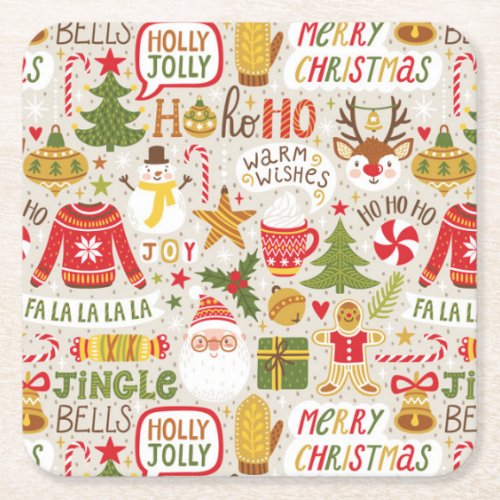 Happy Holiday Typography Cartoon Pattern Square Paper Coaster