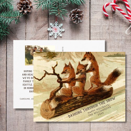 Happy Holiday Vintage Fox Sled Custom Family Photo Postcard