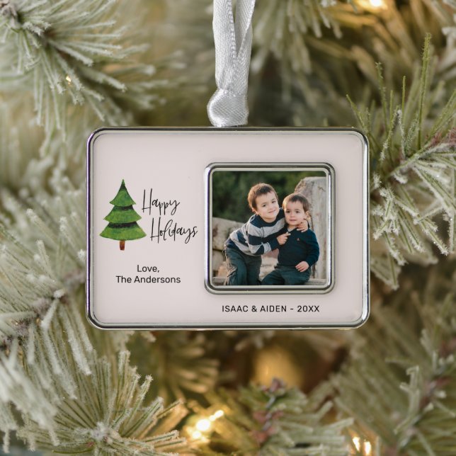 Happy Holiday Watercolor Christmas Tree Photo Christmas Ornament (Tree)
