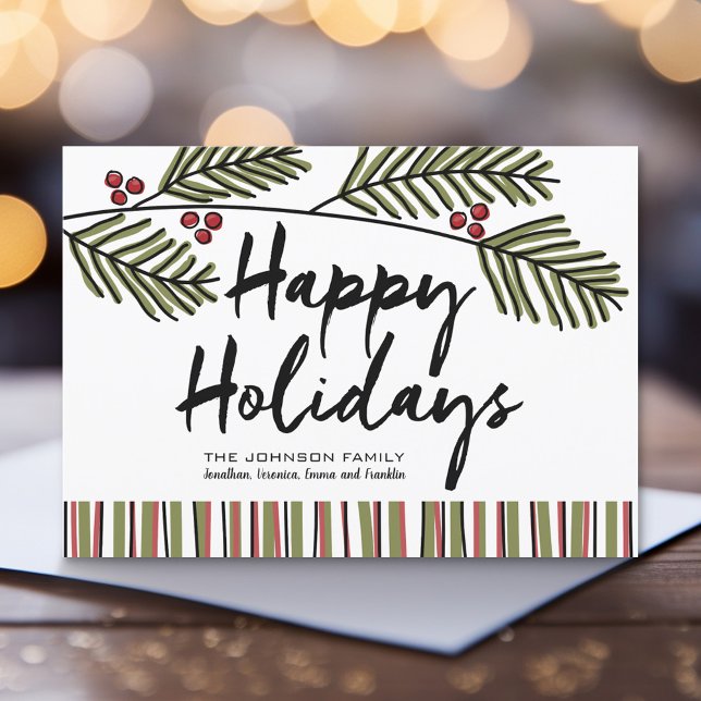 Happy Holiday Whimsical Pine Branch Non-Photo Card (Whimsical Holiday Branches - Greeting Card)