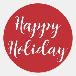 Happy Holiday White Script Red Simple Classic Round Sticker