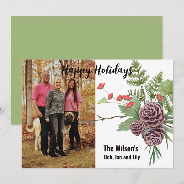 Happy Holiday Winter Floral Rustic Photo Card (Front/Back)
