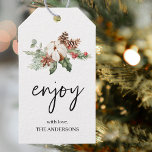 Happy Holiday Winter Flower | Christmas Gift Tags<br><div class="desc">Add a warm and elegant touch to your Christmas gifts with this personalized “Enjoy” holiday gift tag. Featuring a beautiful watercolor winter floral arrangement with holly, pinecones, berries, and soft seasonal greenery, this tag blends classic Christmas charm with a modern handwritten script. Customize the family name to make your wrapping...</div>