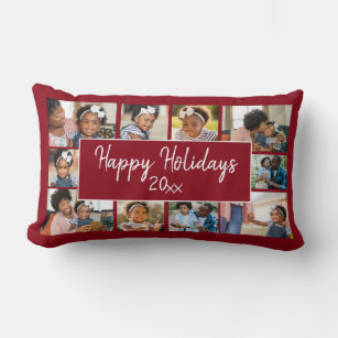 Happy Holidays 10 Photo Collage Burgundy Red Lumbar Pillow