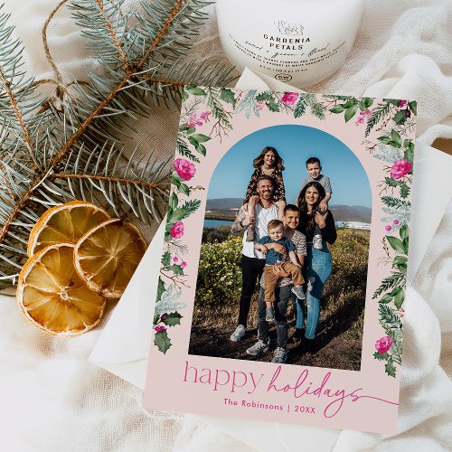 Happy Holidays 1 Photo Blush Pink  Greenery Arch Holiday Card