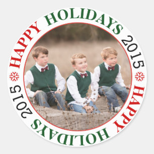 Happy Holidays 2015 red, green Christmas photo Classic Round Sticker