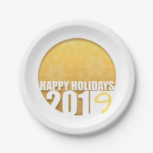 Happy Holidays 2019 Golden Snowflakes Paper plate