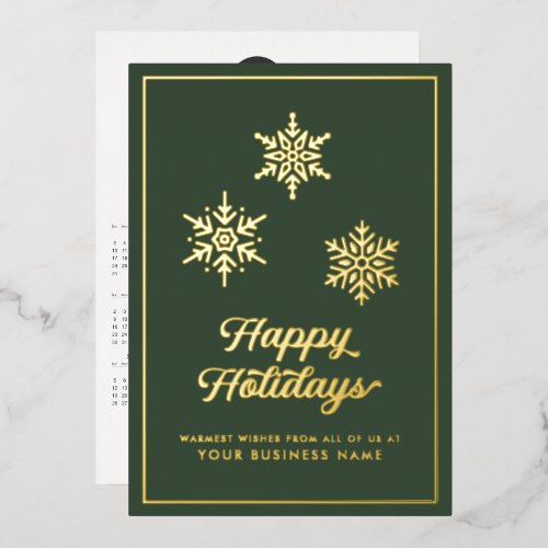 Happy Holidays 2027 Calendar Logo QR Code Green Foil Holiday Card
