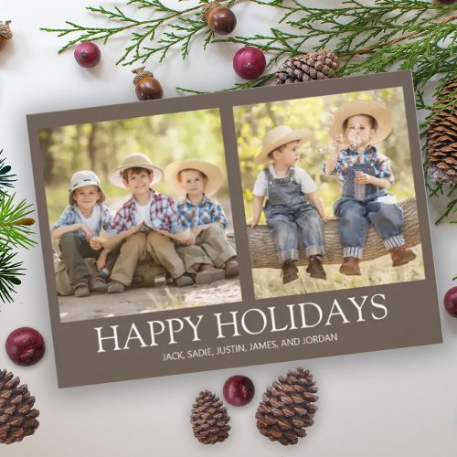 Happy Holidays 2 Family Photo Rustic Brown  Holiday Card