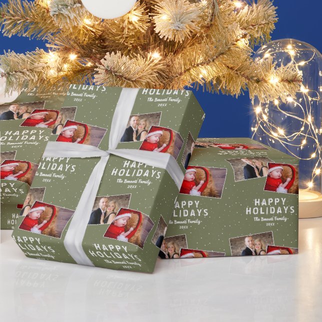 Happy Holidays 2 Photo Collage Snowflakes Wrapping Paper (Holidays)