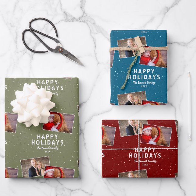 Happy Holidays 2 Photo Collage Snowflakes Wrapping Paper Sheets (Front)