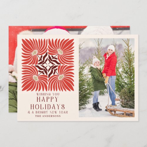Happy Holidays 2 Photo Modern Bold Red Floral  Holiday Card