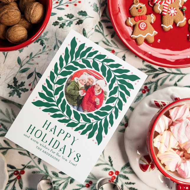 Happy Holidays 2 Photo Modern Script Bold Floral  Holiday Card (Creator Uploaded)