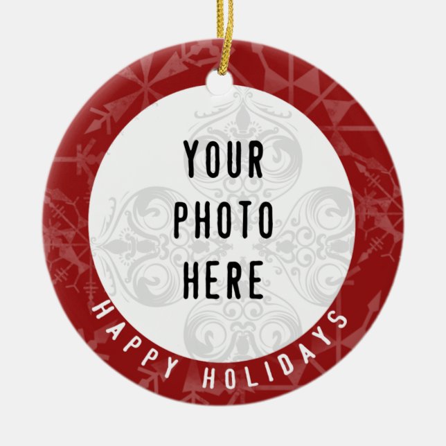 Happy Holidays 2 Photo Red Snowflake Ceramic Ornament (Front)