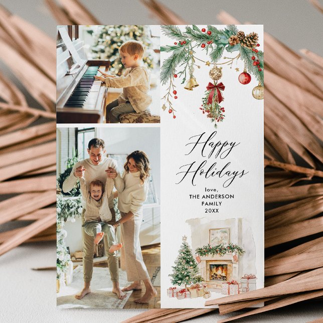 Happy Holidays 2 Photo Winter Scene & Greenery Holiday Card (Creator Uploaded)