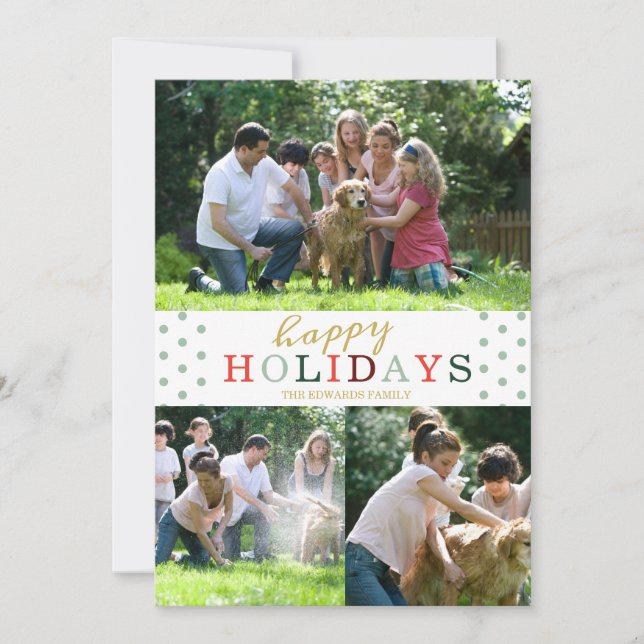 Happy Holidays 3 Photo Collage Mint Polka Dot Holiday Card (Front)