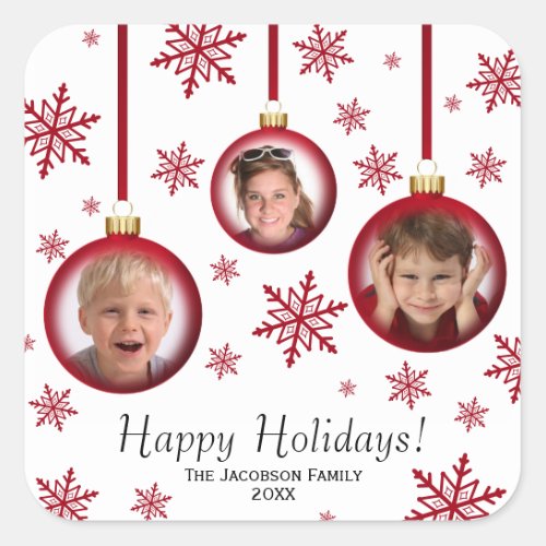 Happy Holidays 3 Photo Fun Red Baubles Christmas Square Sticker