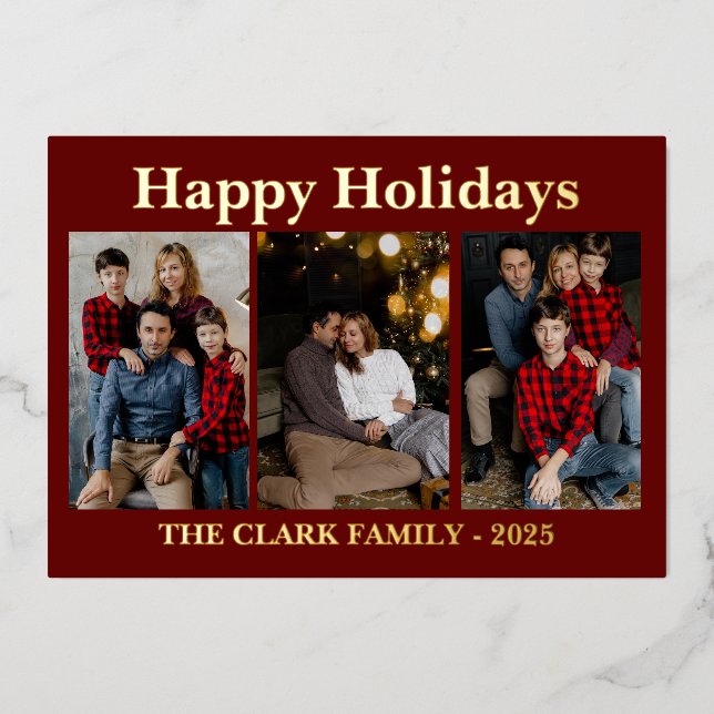 Happy Holidays 3 photo holiday foil card (Front)