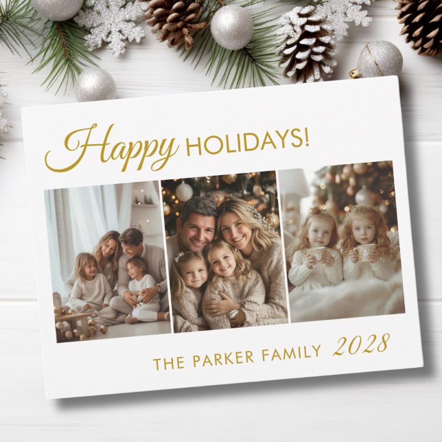 Happy Holidays! 3 Photo, White,Minimal Holiday Card (Happy Holidays! 3 Photo, White,Minimal Holiday Card)