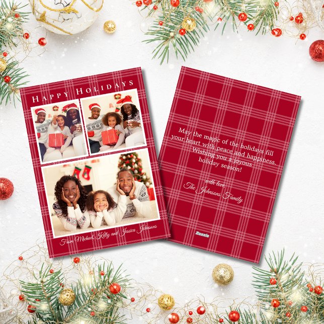 happy holidays 3 photos collage red buffalo plaid  holiday card (Creator Uploaded)