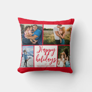 happy holidays 4 family photos red christmas throw pillow