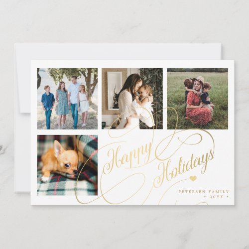 Happy Holidays 4 photo collage elegant script  Holiday Card