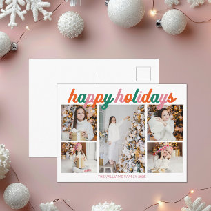 Happy Holidays 5 Photo Collage Retro Pink Orange Holiday Postcard