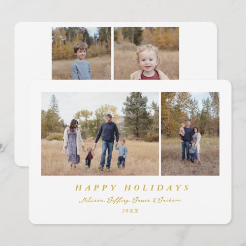 Happy Holidays 5 Photo with Text Minimalist Gold Holiday Card