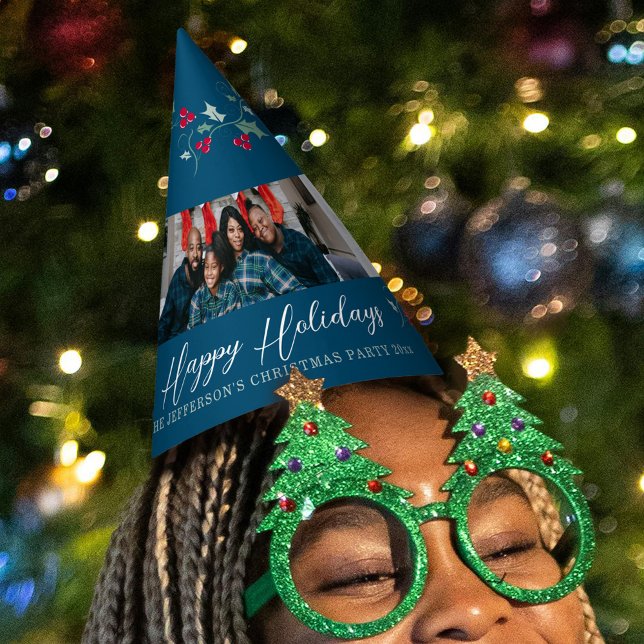Happy Holidays 5 photos holly and berries blue Party Hat (Creator Uploaded)