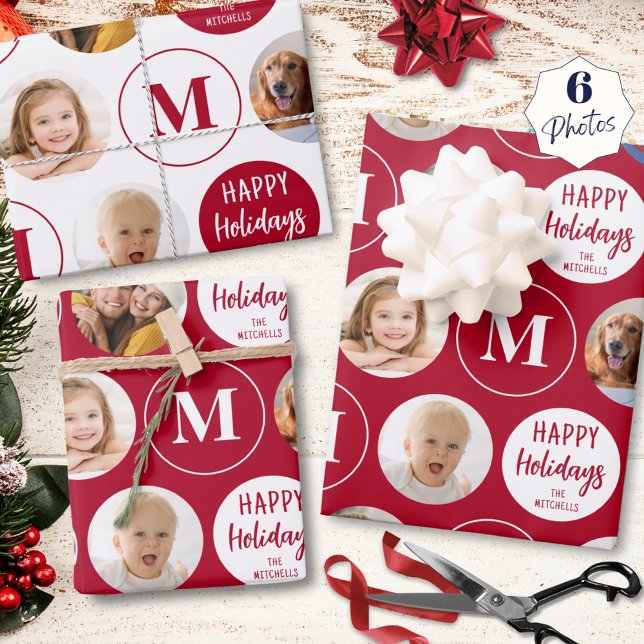 Happy Holidays 6 Photos Monogram Red White Wrapping Paper Sheets (Creator Uploaded)