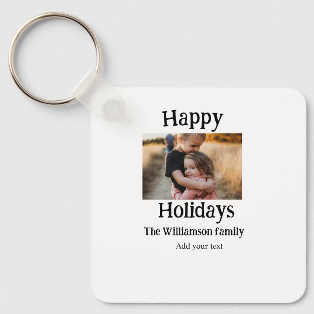 Happy holidays add family name photo Christmas  Keychain (Front)