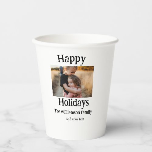 Happy holidays add family name photo Christmas  Paper Cups