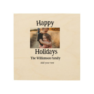 Happy holidays add family name photo Christmas Wood Wall Art
