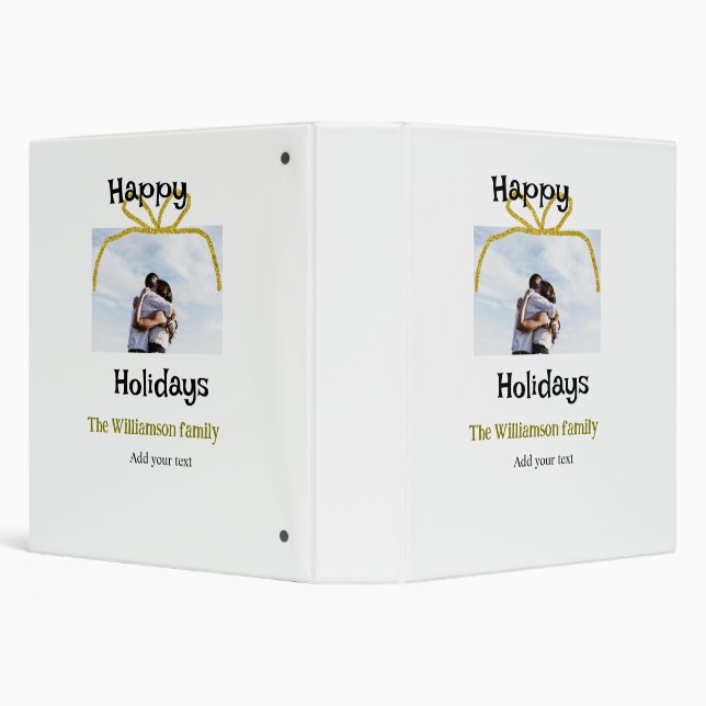 Happy holidays add family name photo gold bow 3 ring binder (Background)