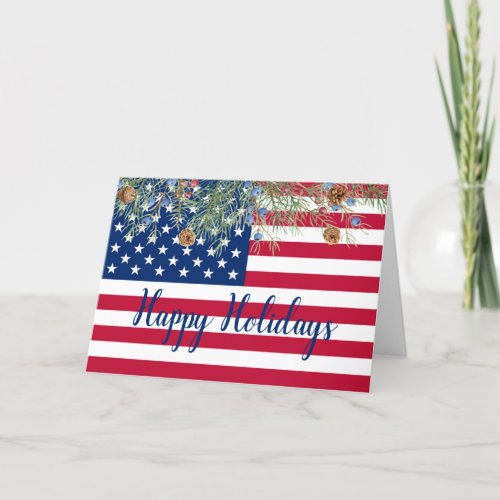 Happy Holidays American Flag Patriotic Corporate H Holiday Card - Send Merry Christmas greetings to fellow business, friends and family with this unique USA American Flag Christmas Card  - USA American flag design modern red white blue design with holly and berries. Personalize with family or business name. This patriotic Christmas card is perfect for military families, veterans, patriotic family and veteran service department christmas cards. COPYRIGHT © 2020 Judy Burrows, Black Dog Art - All Rights Reserved. Happy Holidays American Flag Patriotic Corporate Holiday Card