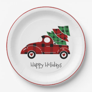 Happy Holidays Antique Red Truck Paper Plates