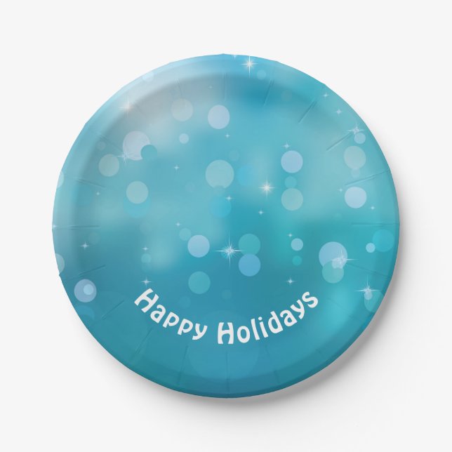 Happy Holidays aqua bokeh lights Paper Plates (Front)