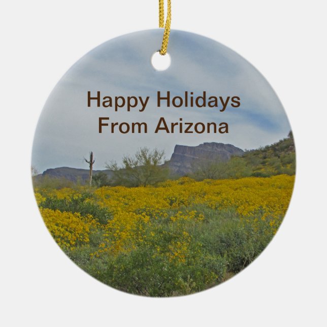 Happy Holidays Arizona Wildflower Desert Landscape Ceramic Ornament (Front)