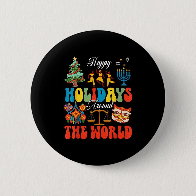 Happy Holidays Around World Christmas Hanukkah Diw Button (Front)