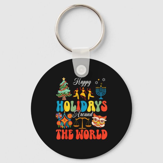 Happy Holidays Around World Christmas Hanukkah Diw Keychain (Front)